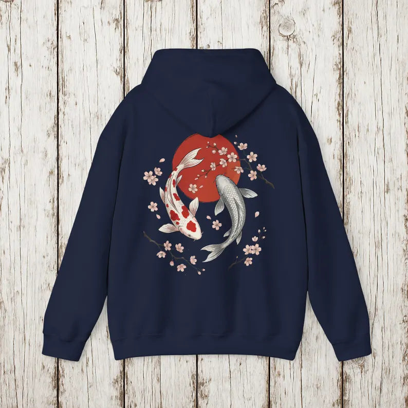 Koi Fish Hoodie Japanese Tattoo Art Sweatshirt, Sakura Cherry Blossom