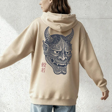 Japanische Hannya Maske Hoodie Unisex Kapuzenpullover mit Traditionellem Irezumi Tattoo Motiv Japan Kunst Stil