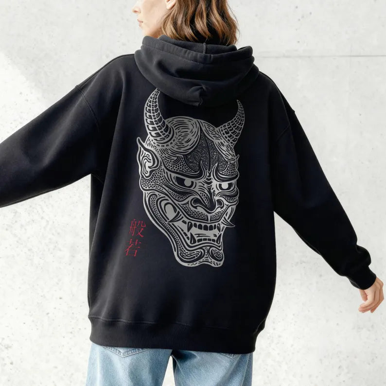 Japanische Hannya Maske Hoodie Unisex Kapuzenpullover mit Traditionellem Irezumi Tattoo Motiv Japan Kunst Stil